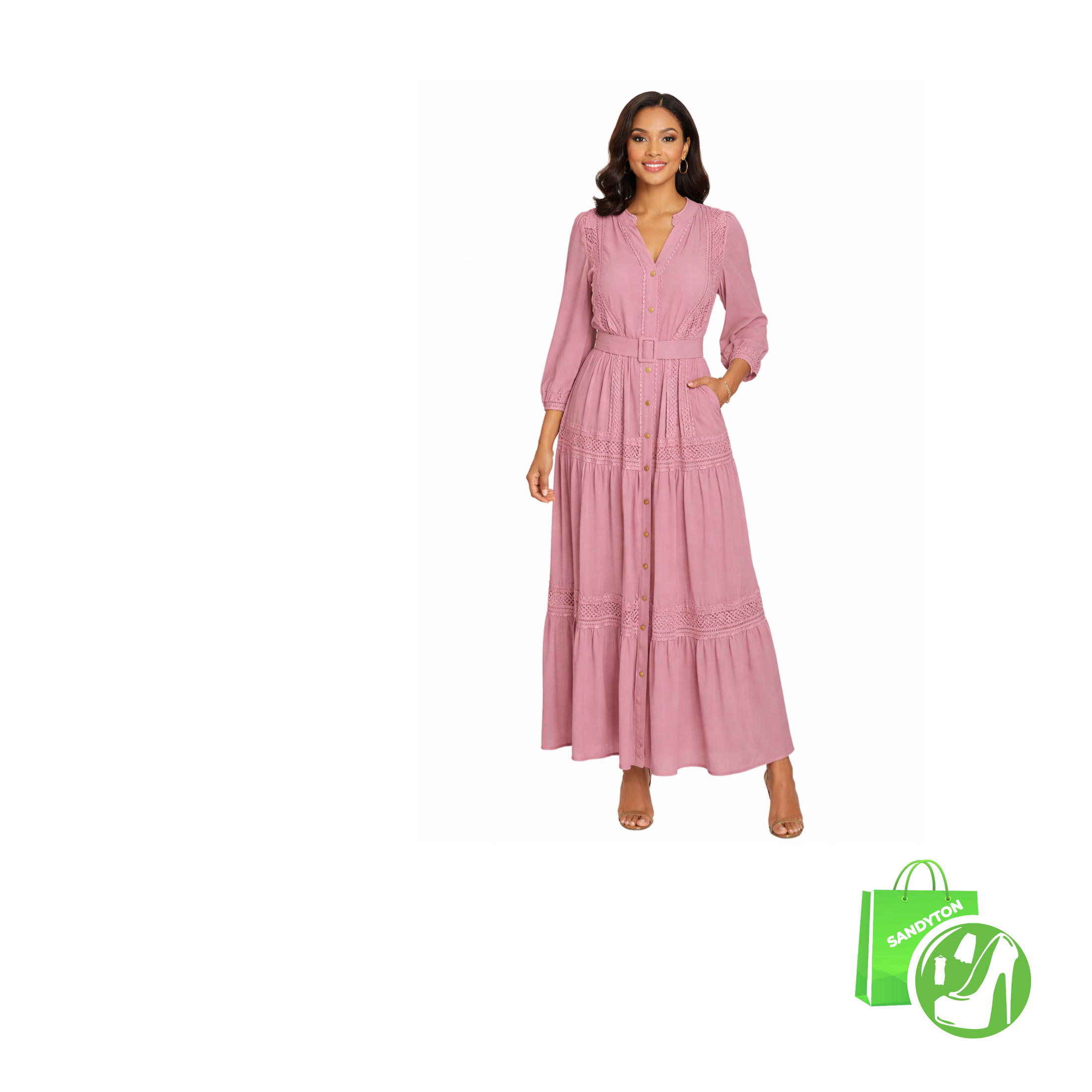 Longue robe Patineuse en Mousseline et dentelle Saumon avec ceinture. T. 48