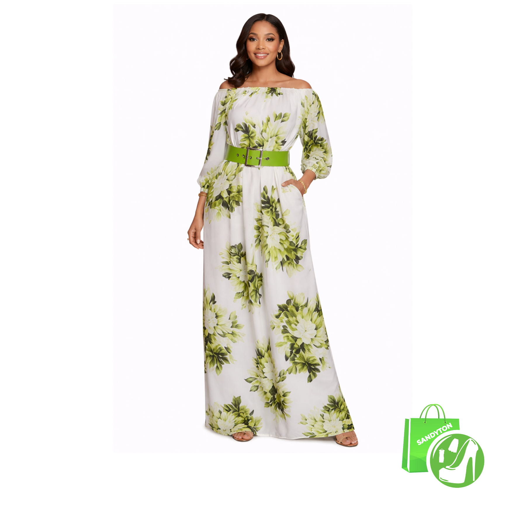 Robe Tunique Vert et Blanc  avec ceinture.  T 36.