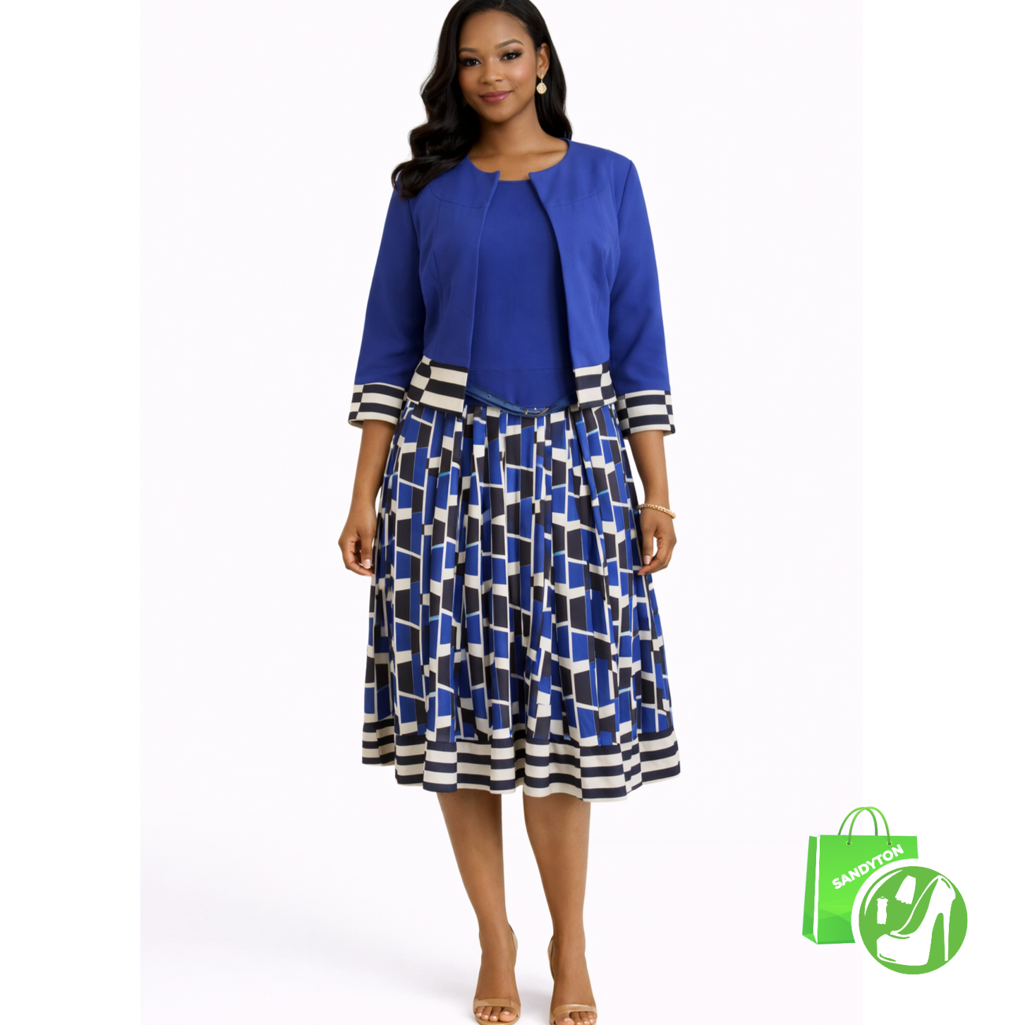 Ensemble Robe Patineuse et jacket Bleu, Blanc et Noir46 et 48.