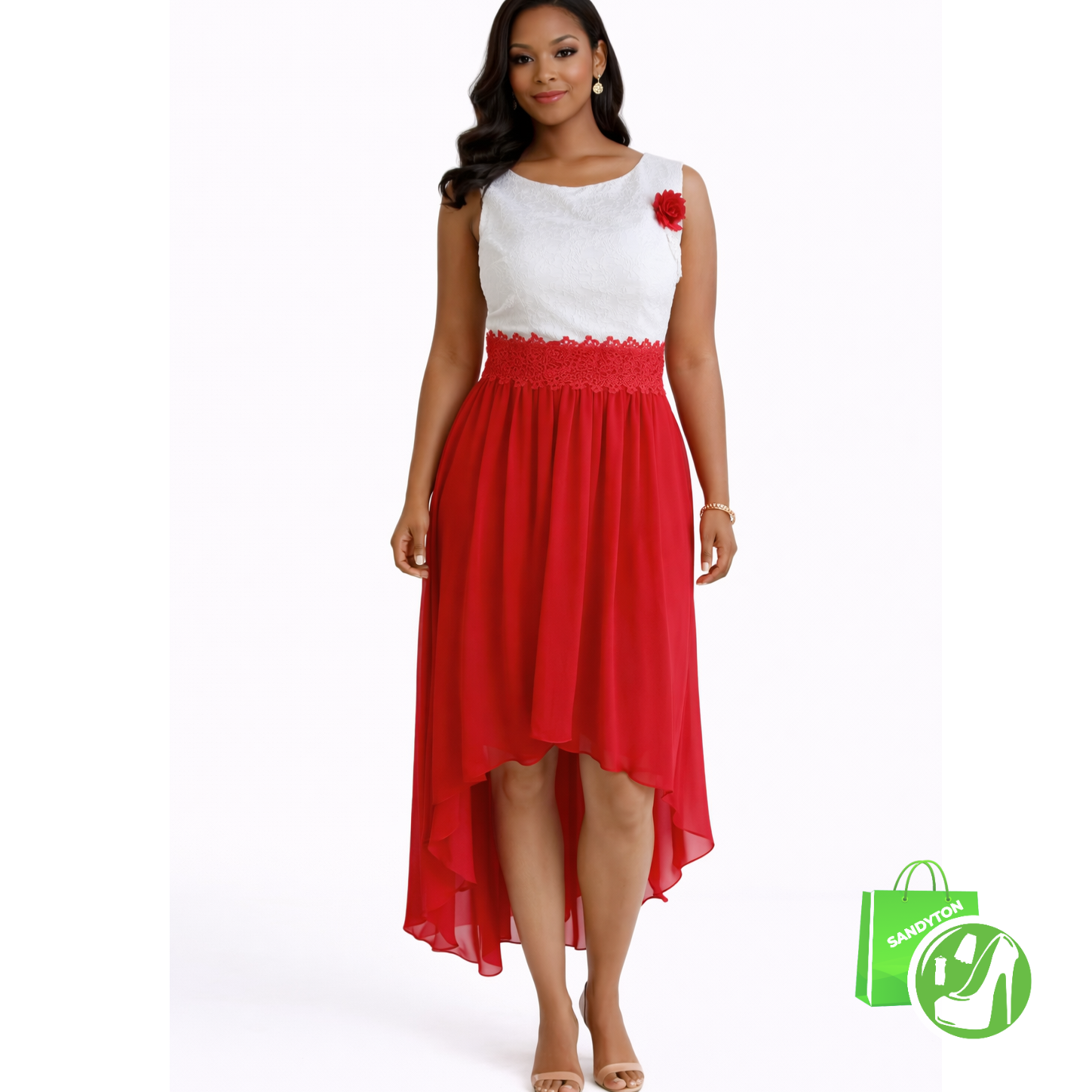 Robe asymétrique Blanc et Rouge avec ceinture. T: 36, 38 et 40.